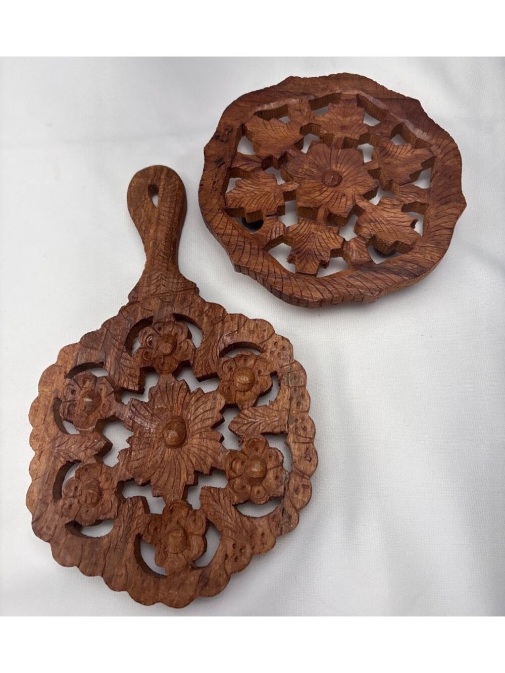 Set 2 Wooden Hand-Carved Floral Design Trivets Vintage Decor Functional Lovely